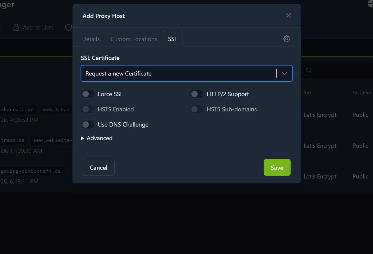 SSL-Reiter im Nginx Proxy Manager mit der Option „Request a new Certificate