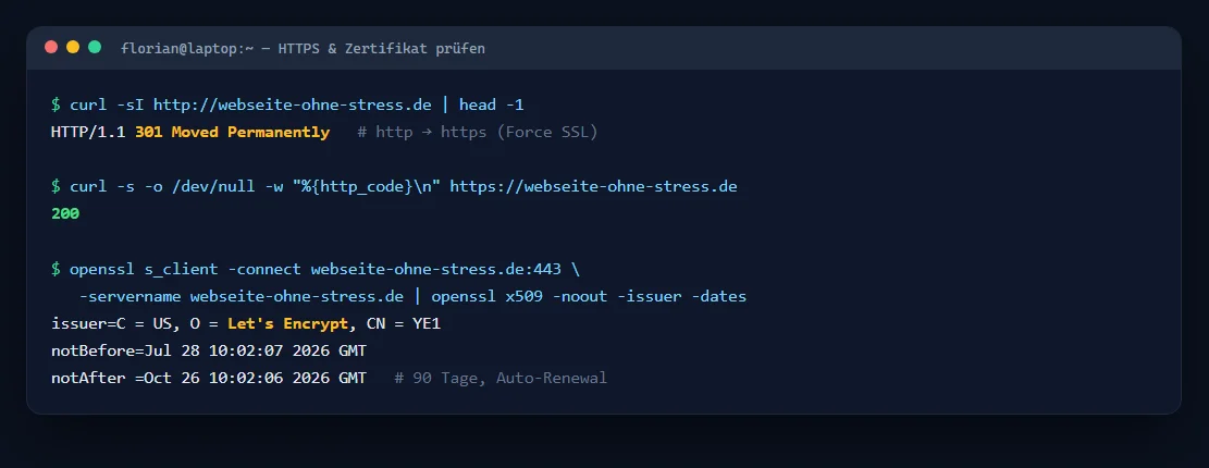 Terminal: curl zeigt die Weiterleitung von HTTP auf HTTPS, openssl zeigt das gültige Let's-Encrypt-Zertifikat