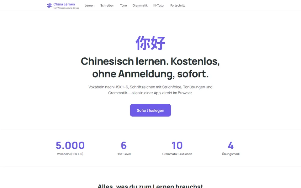 China-Lernen-App: Startseite mit den Bereichen Lernen, Schreiben, Töne, Grammatik und KI-Tutor