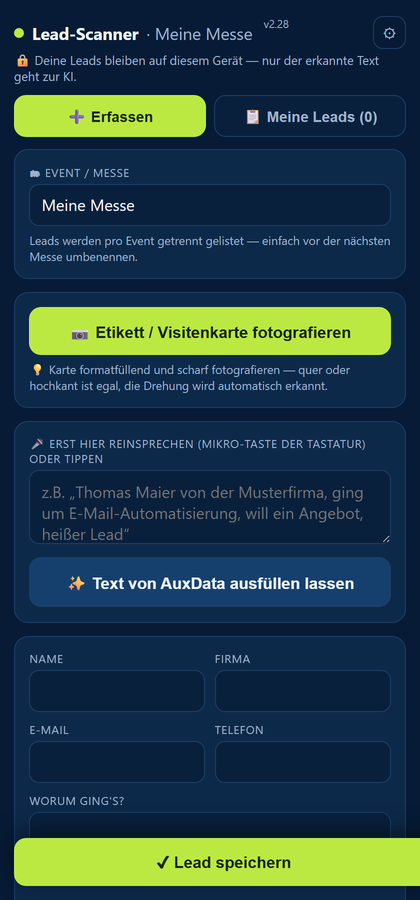 Lead-Scanner: Kontaktformular mit Event, Foto-Erfassung und KI-gestützter Gesprächsnotiz