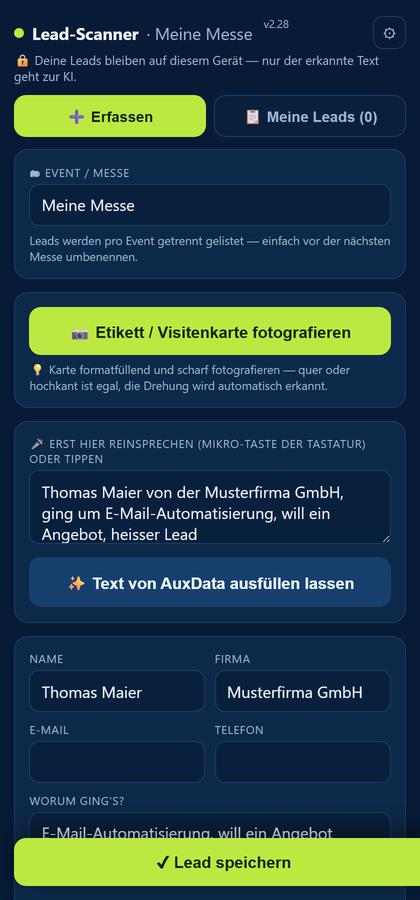 Lead-Scanner: eingegebener Gesprächsinhalt wird automatisch in Kontaktfelder strukturiert