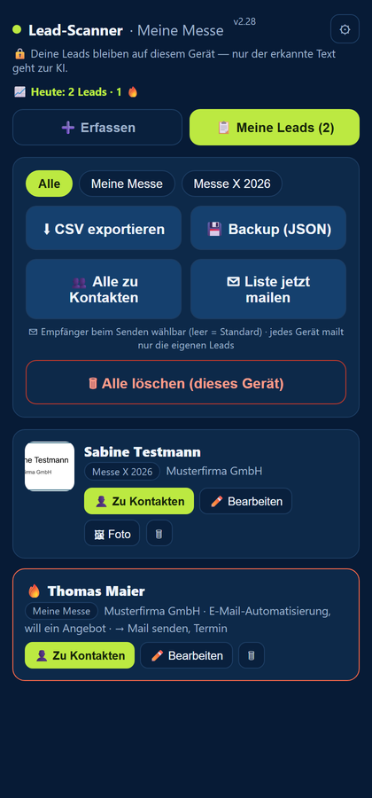 Lead-Scanner: gespeicherte Messekontakte mit Event-Filter, Priorität und nächstem Schritt