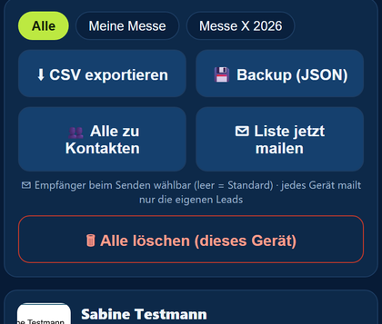 Lead-Scanner: Schaltfläche zum Export eines Leads als vCard ins Adressbuch