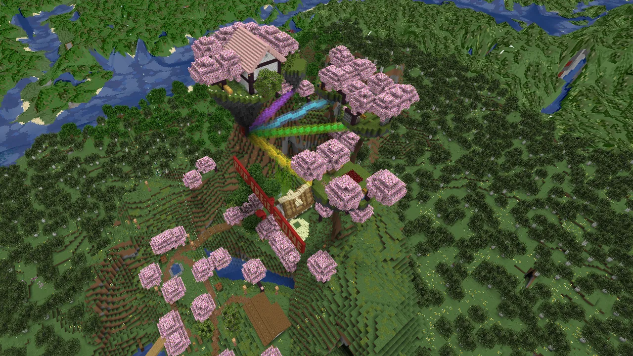 Aerial view of a grown Minecraft world: a house with a large roof in a cherry blossom grove, a rainbow bridge, a red gate and paths along the lakeshore